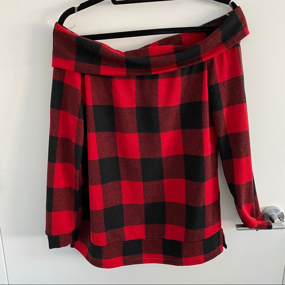 Red Plaid Off the Shoulder Maternity Sweater